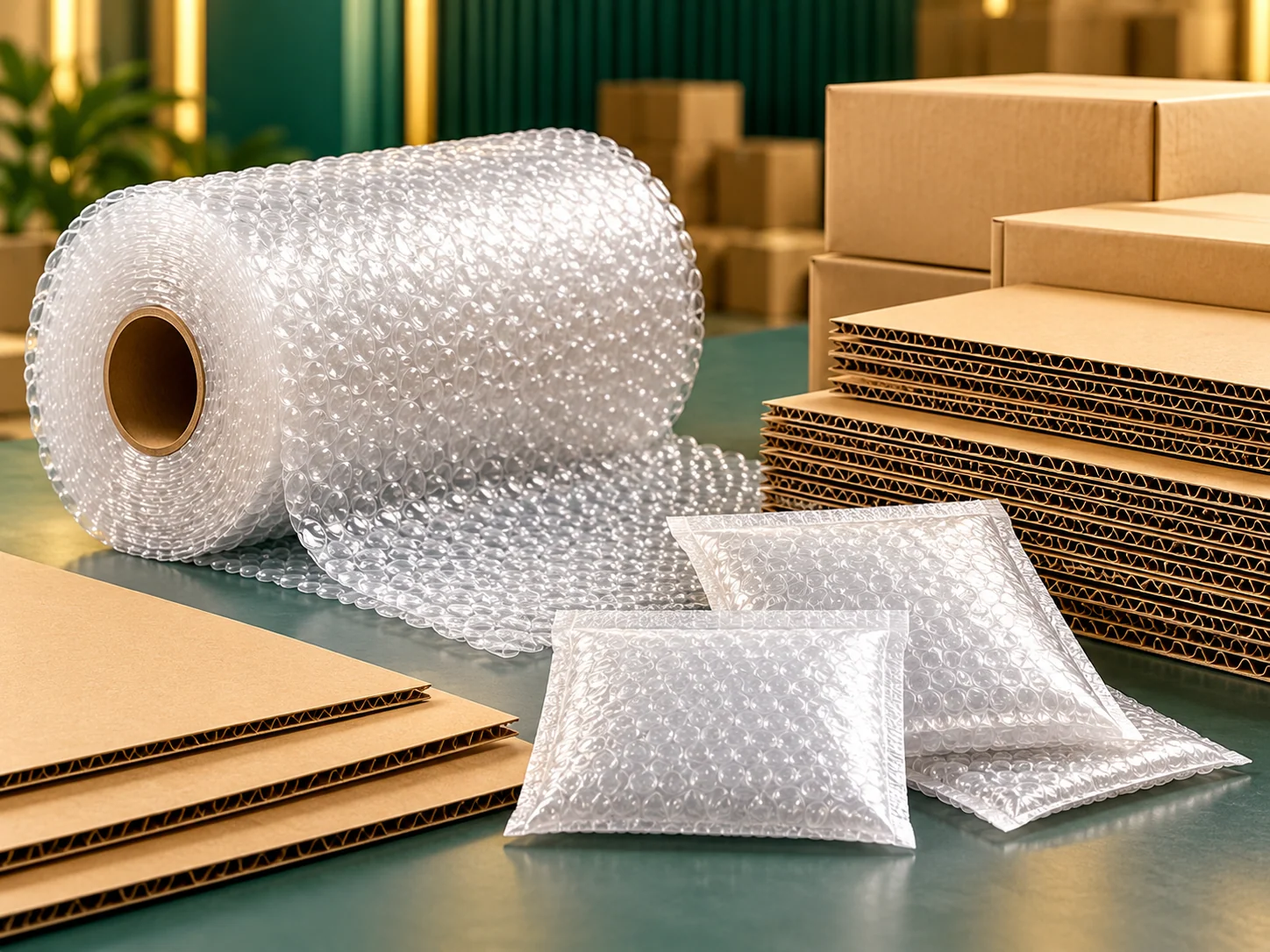 Stretch-wrapped goods on pallets inside a modern packaging warehouse